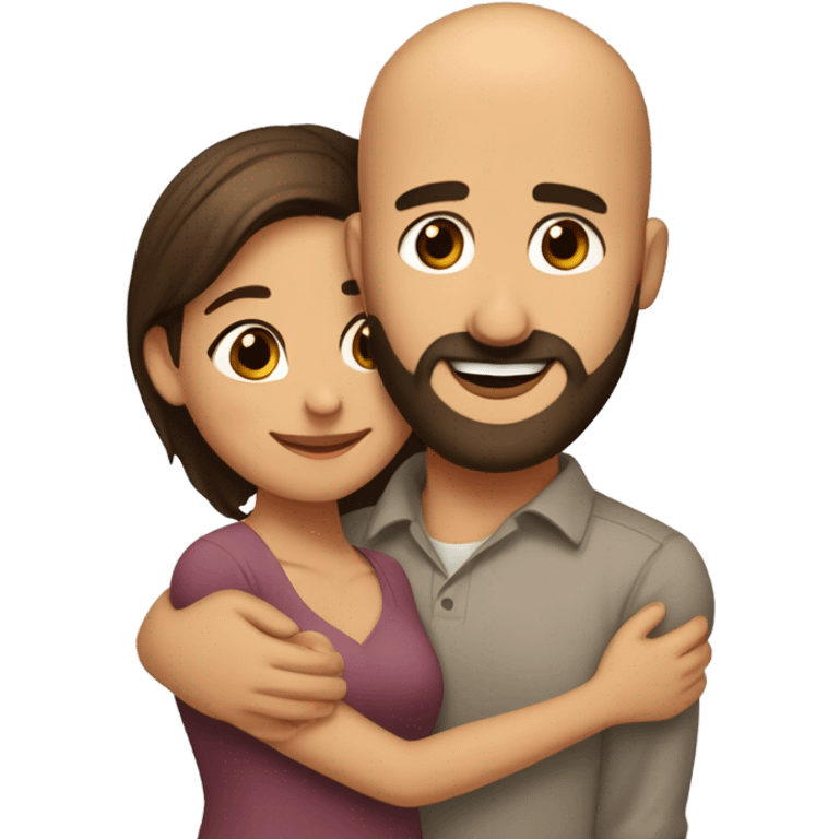 Brown-haired Puerto Rican woman with dark brown eyes wearing a cute blouse giving comforting hug to short, bald man with brown eyes, laugh lines, and a beard emoji