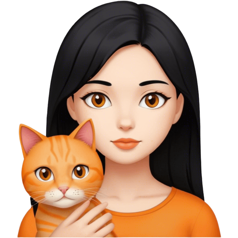 Chica de pelo lacio color negro con un gato naranja  emoji