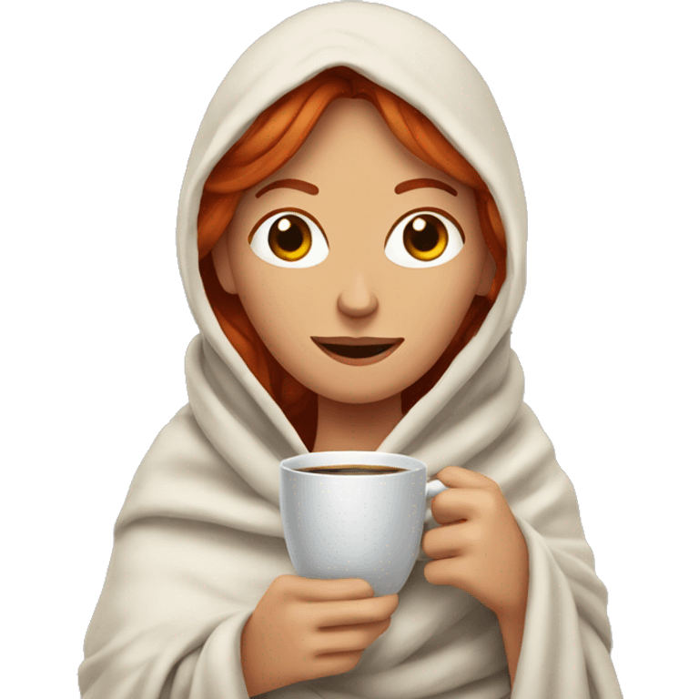 Redheaded woman wrapped in a blanket with a cup of coffee emoji