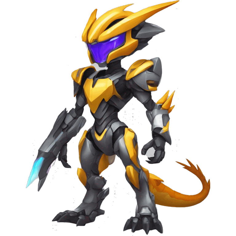 Colorful Edgy Chibi WarGreymon-Velociraptor-Genesect-Fakémon-Pokémon wearing a with a futuristic visor-helmet And Mecha-suit Full Body emoji