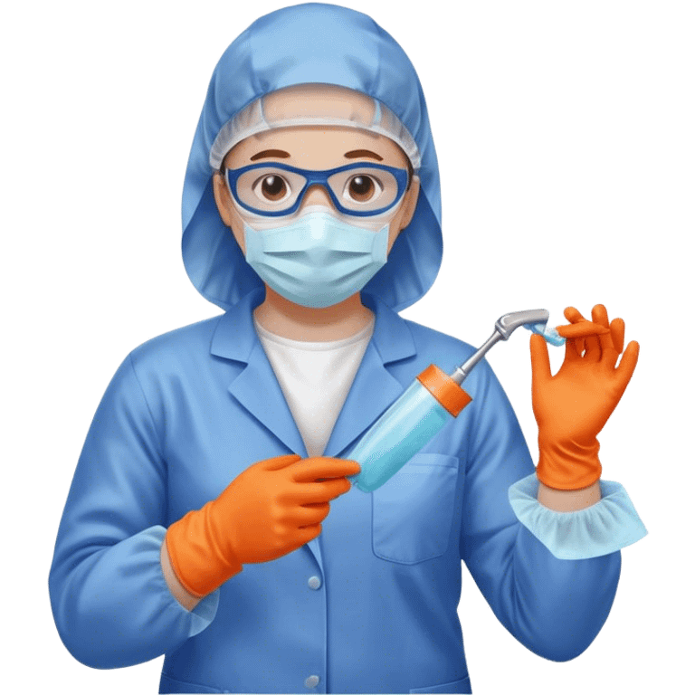 A meticulous cleanroom worker dressed in full protective gear, including a blue sterile suit, a face mask,  and orange gloves.  cleaning glasses with a wipe in one Hand emoji