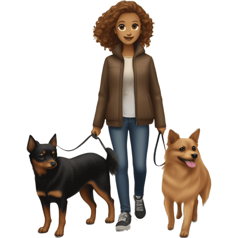 A light brown haired girl, walking one mini black and tan miniature Pinscher and one very big, fluffy & light brown Spitz on the lead emoji