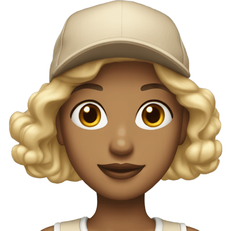 Blonde girl with new era cap in beige and golden earrings emoji