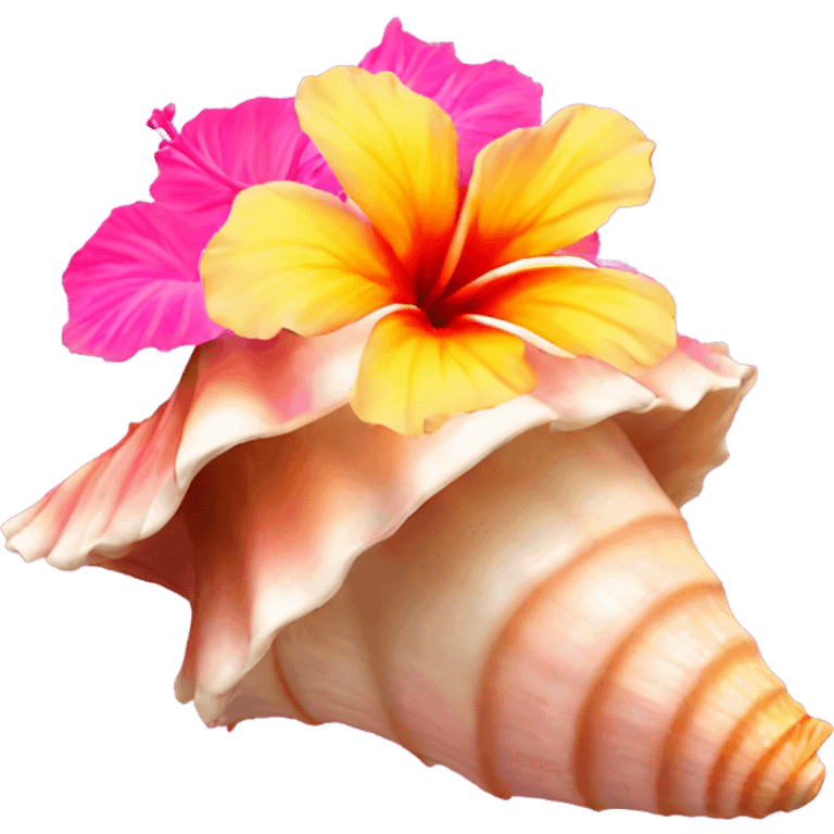 Conch shell with a pink, orange and yellow hibiscus on top  emoji