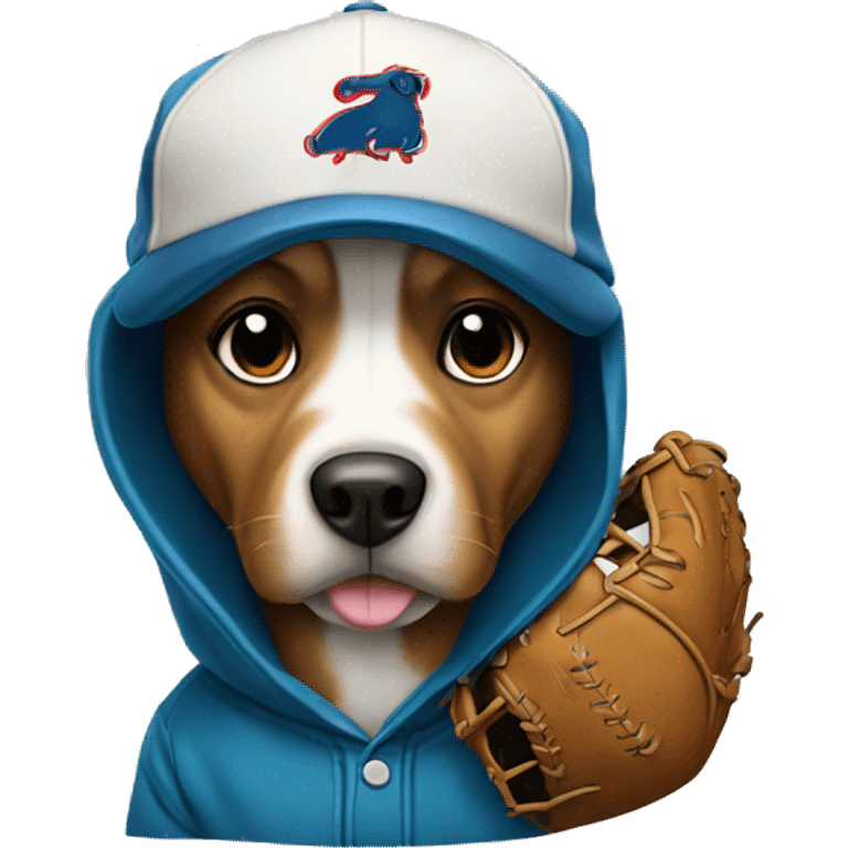 Dog wearing a hat and hoodie with a baseball glove and baseball  emoji