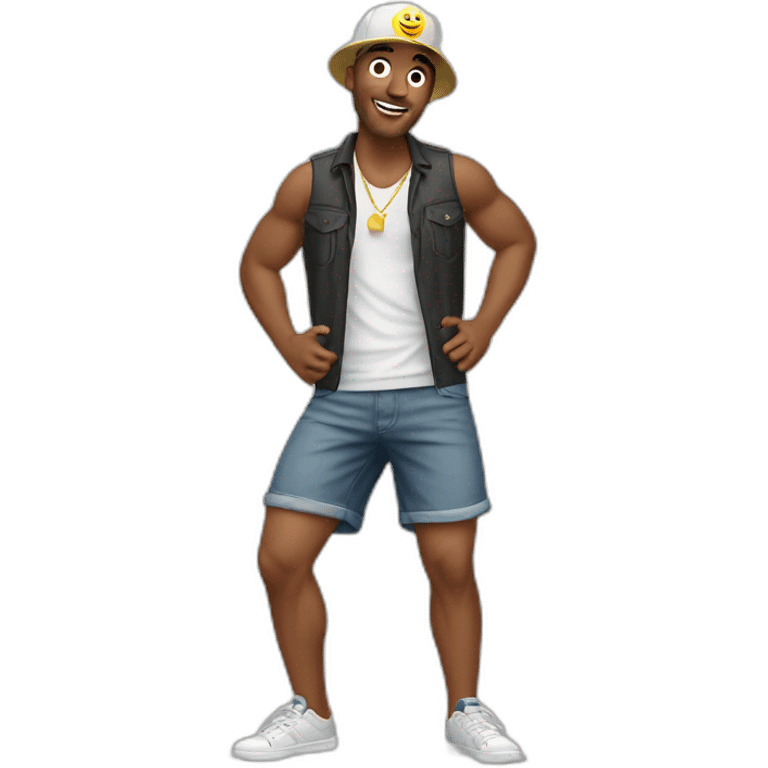 white man, cross earring, cap and short shorts, dancing emoji