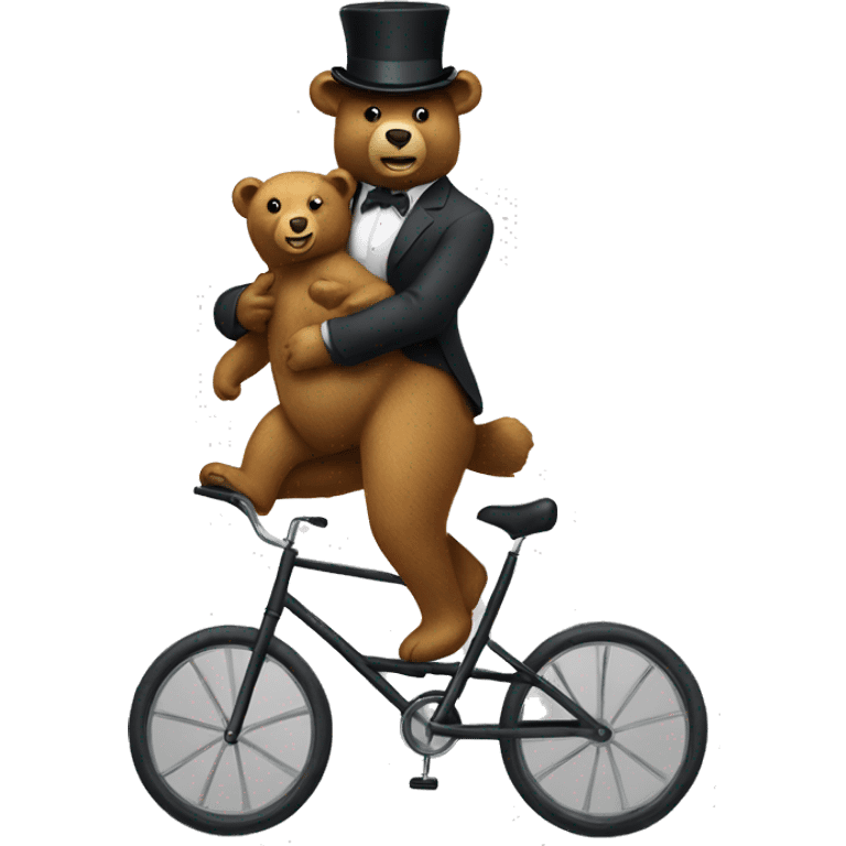 man wearing a top hat riding a unicycle with a bear on his shoulders emoji