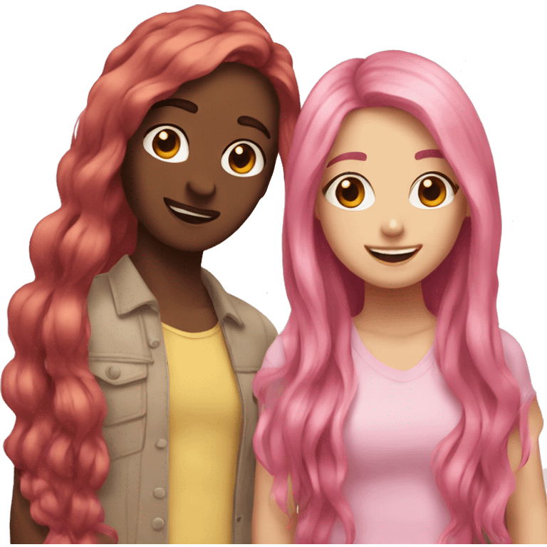 two besties, one long pink hair, the other long brown hair  emoji