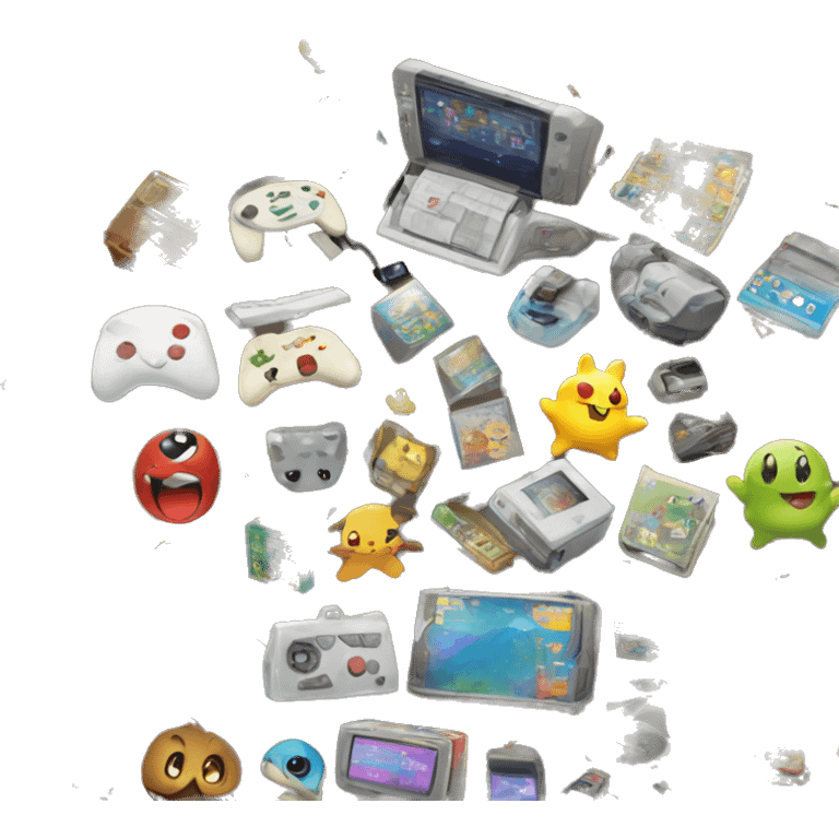 many geek collection item like pokemon card console and video game emoji