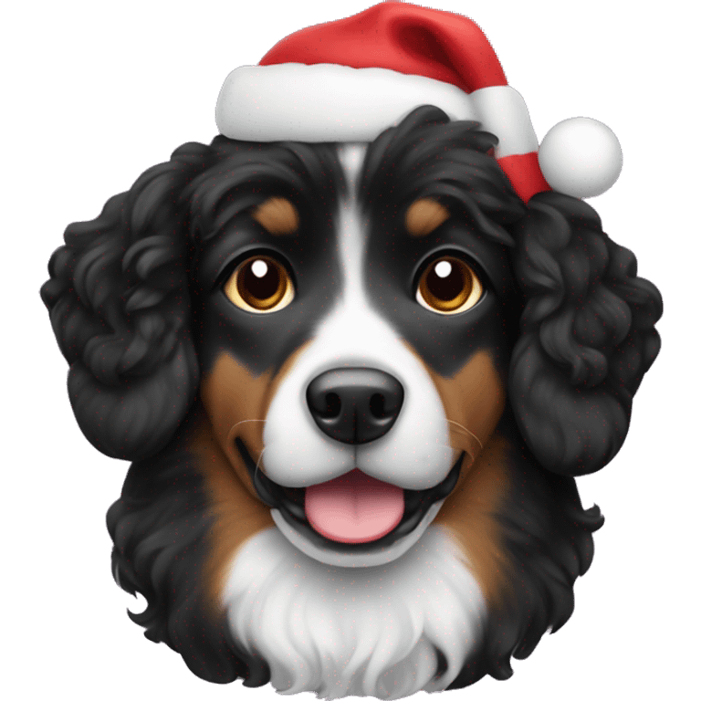 Curly black haired dog with a Christmas hat emoji