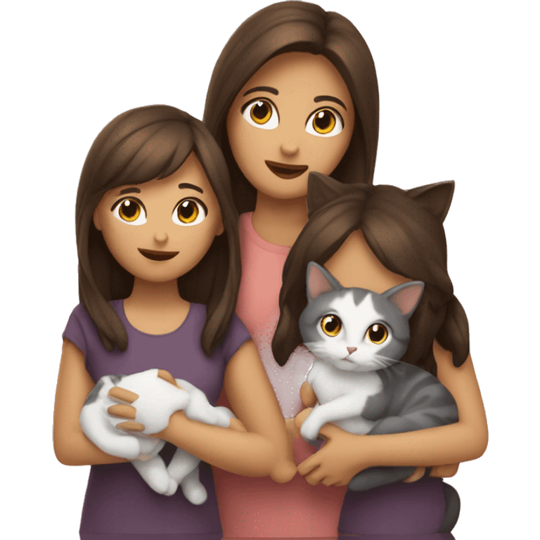 Two brunette girls and two cats in hands emoji