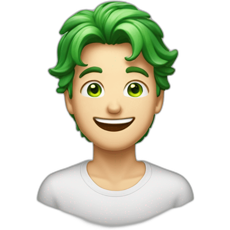 Imagine a jovial young man with slightly long hair, sparkling green eyes, and a fair complexion that reflects an expression of pure joy. His face lit up by a contagious smile, this em emoji