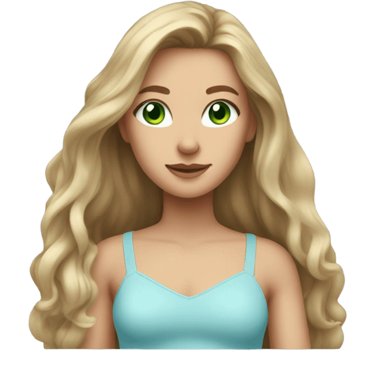 girl with long dark blonde hair, green eyes, wearing a light blue crop top emoji