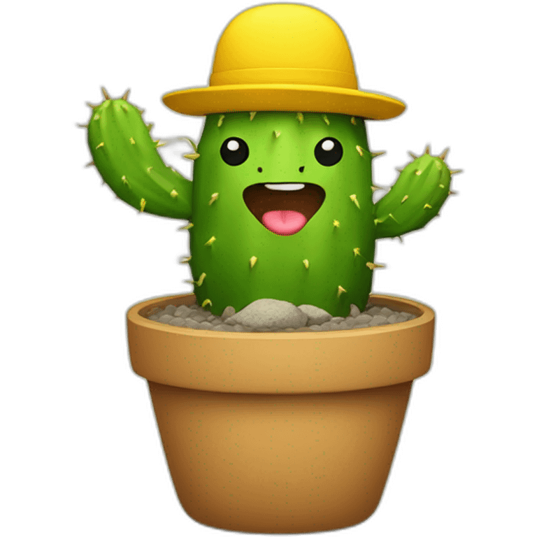 a fat green cactus with arms and legs in a small yellow cap, smiling emoji