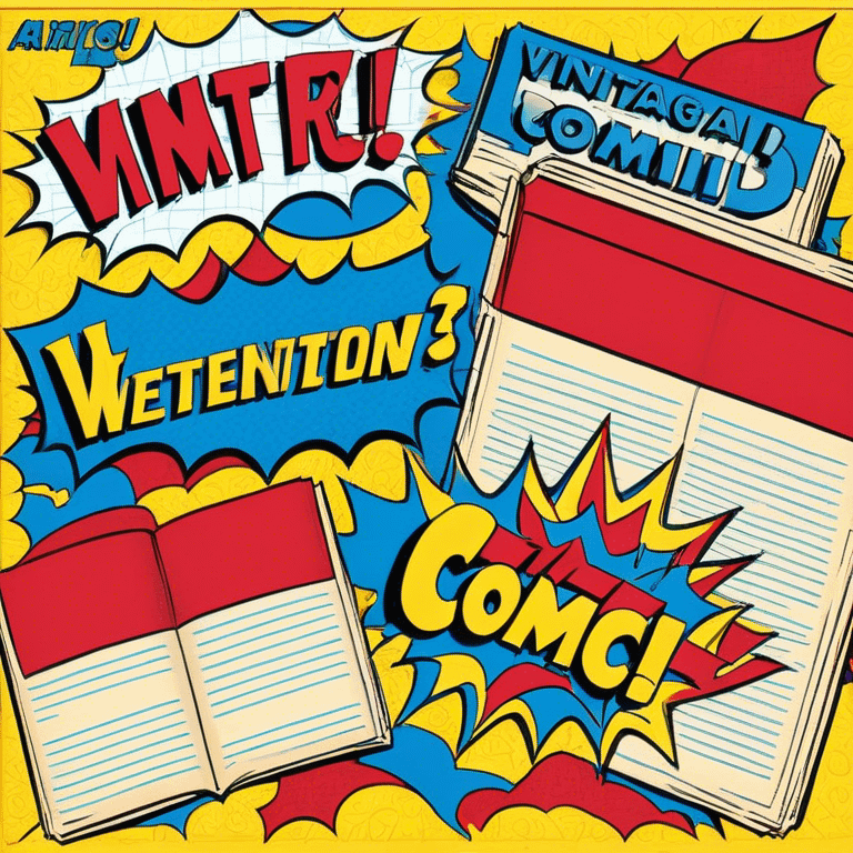 Create a vibrant emoji, representing comic books and graphic novels as an art form. The design should feature a large, opened comic book with vintage comic panels on the pages. Include a pencil (without a hand), writing text or sketching on the pages. The comic panels should have bold lines and retro-style artwork with classic comic book visuals. Use bright, energetic colors like red, yellow, and blue to evoke excitement and creativity. The overall design should feel dynamic, vintage, and artistic. Make the background transparent. emoji