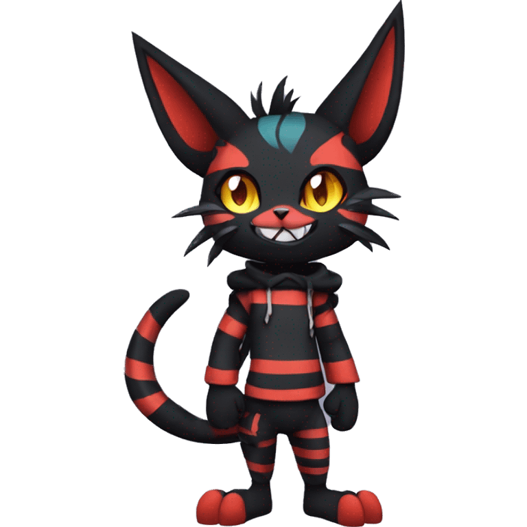 Black Anthro Cool Punk Noibat-Litten-Fakemon-fursona with fangs and stripes Full Body emoji