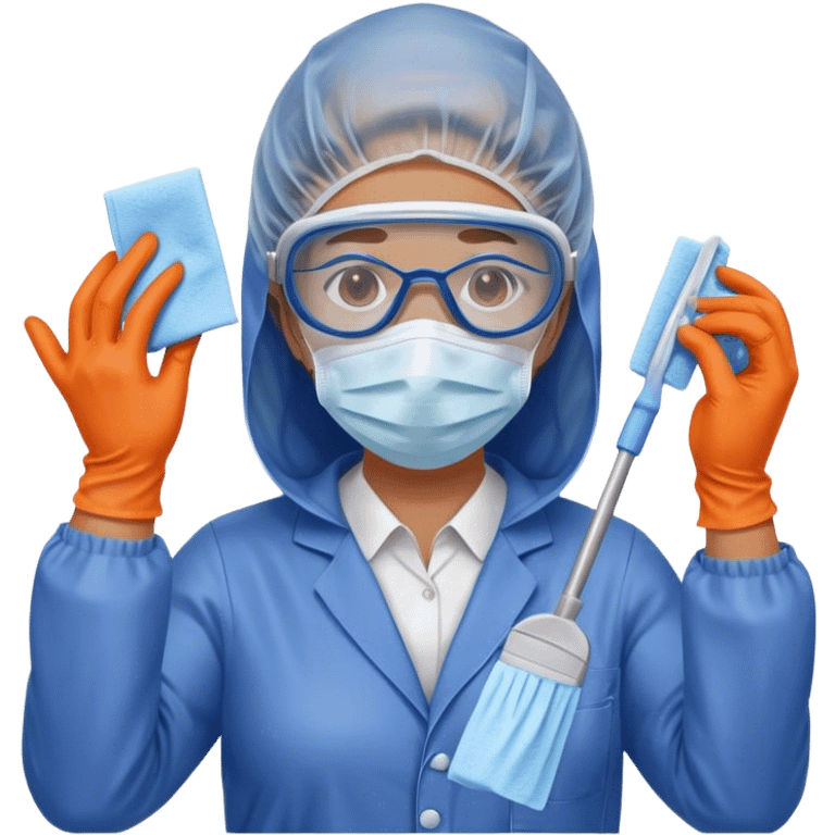 A meticulous cleanroom worker dressed in full protective gear, including a blue sterile suit, a face mask,  and orange gloves.  cleaning glasses with a wipe emoji