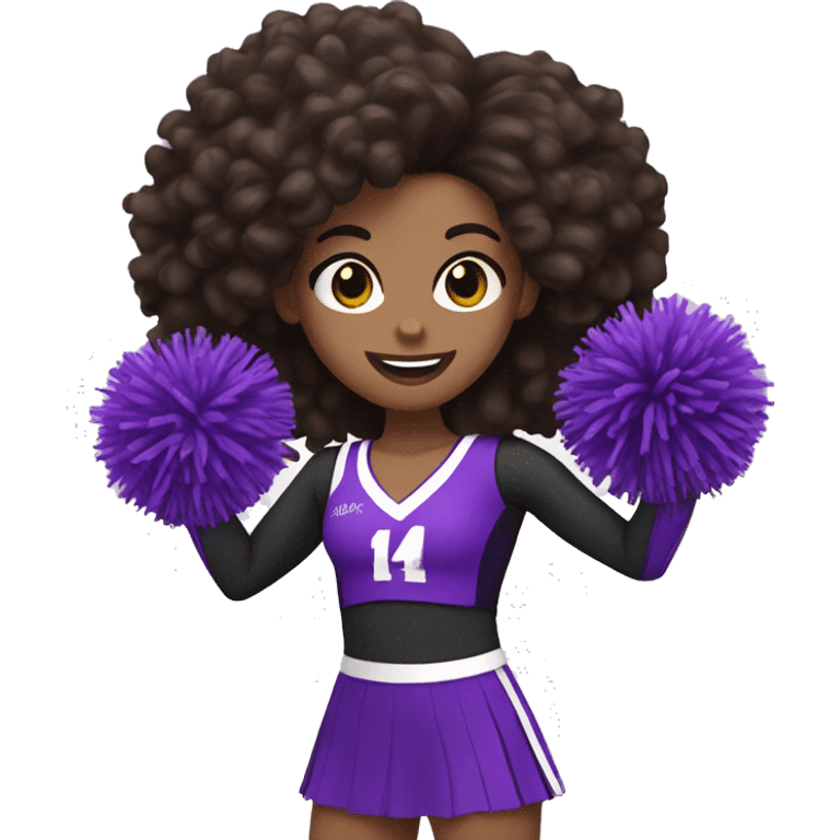 cheerleader with dark brown curly hair, white skin, holding up two purple Pom poms emoji