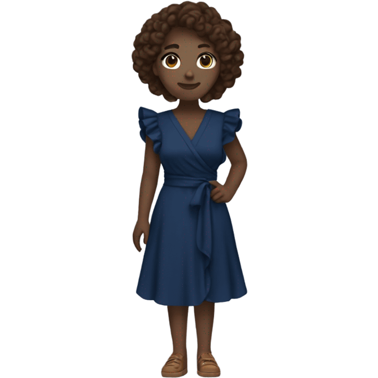 White girl with brown hair dark blue ruffle sleeve wrap dress full body emoji