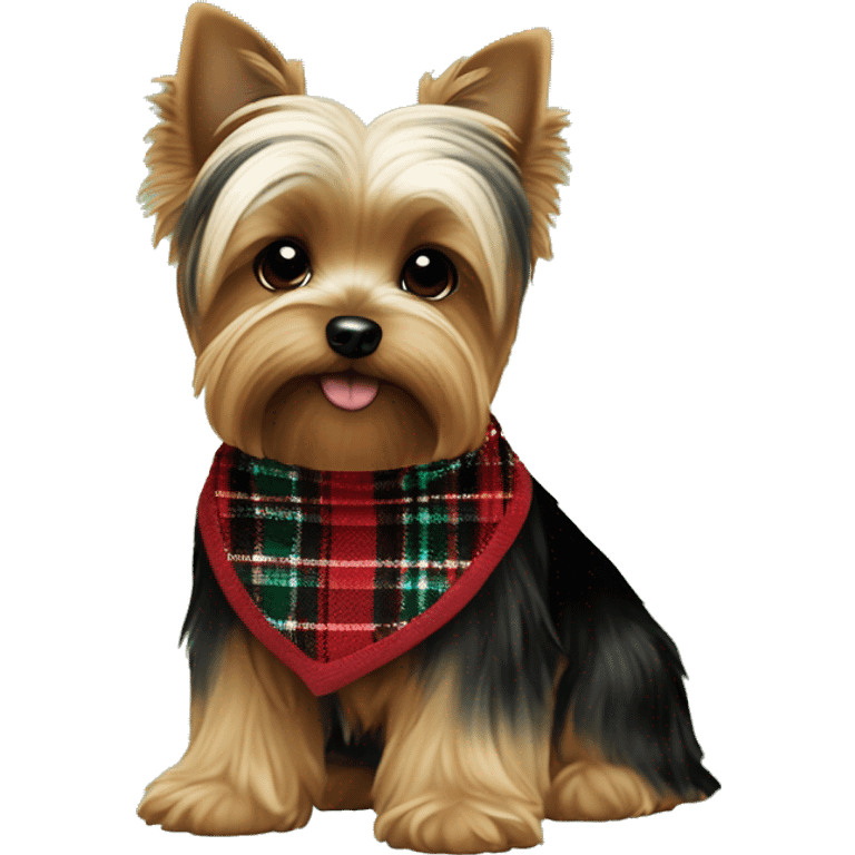 NO BLACK only brown and white BOY yorkie with a red and black plaid sweater the a name tag bruno with a green christmas bandana around the neck emoji