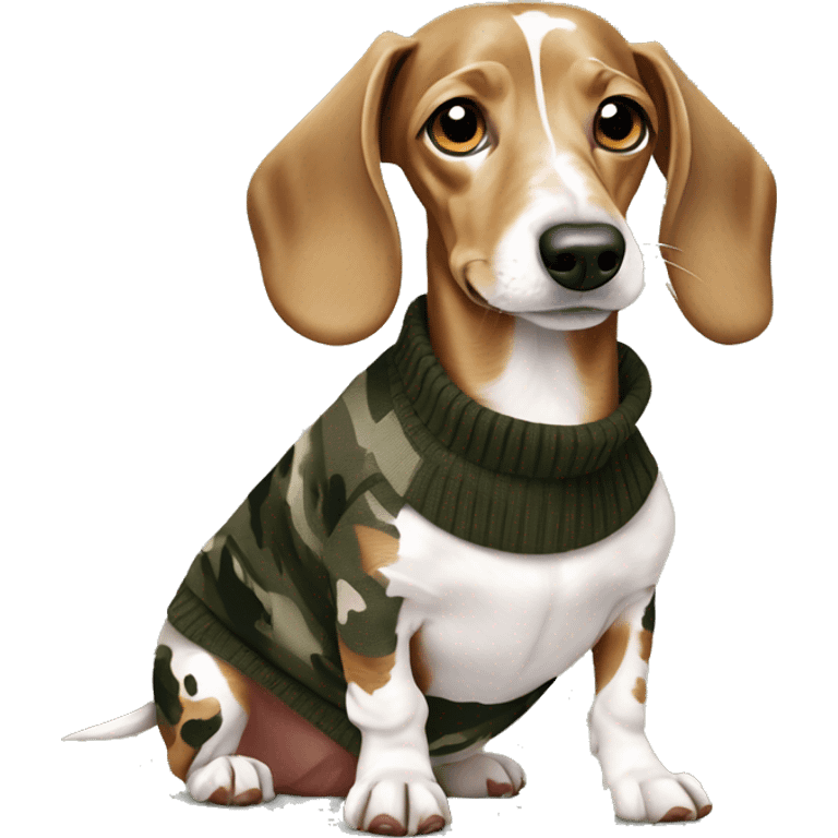 White spotted dachshund in camo sweater  emoji