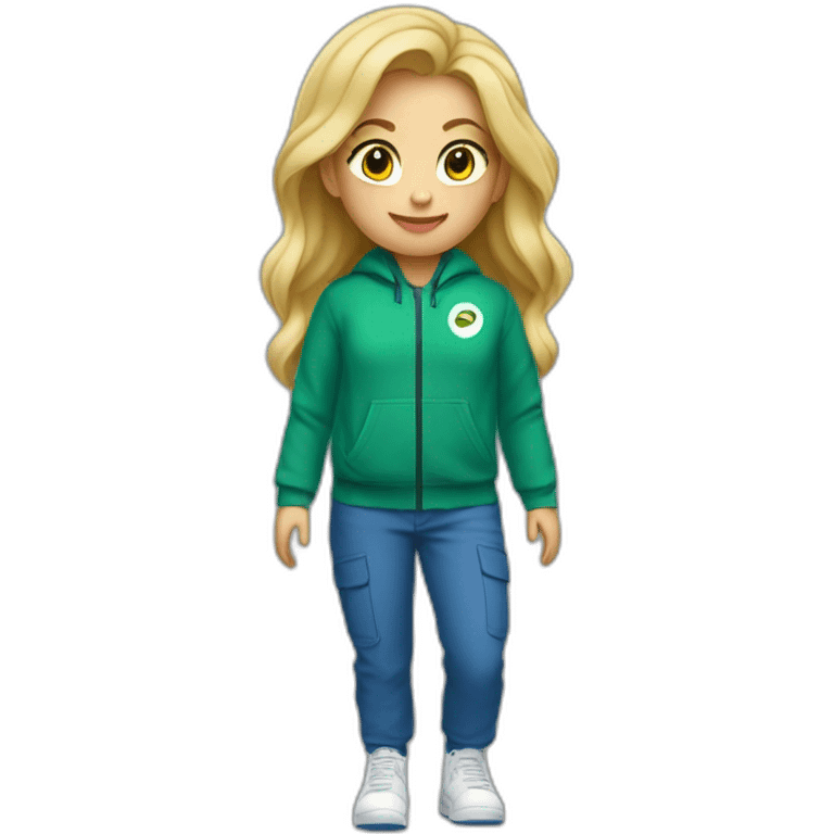 Een meisje met blond haar een groene trui en een blauwe cargo broek en witte nike emoji