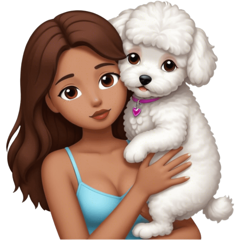 Tanned girl with long brown hair kissing a white bichon emoji