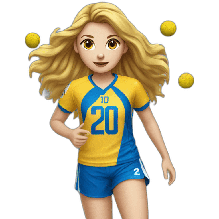 Teenage girl handball-louves saint-amand yellow jersey number 20-long hairs-blue pants-shooting ball-blue short emoji