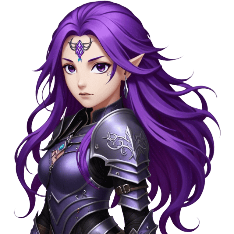 A mysterious warrior girl with long, flowing purple hair cascading down her back, strands catching the dim light like silk. Her piercing violet eyes glow. She wears sleek black armor, a perfect fusion of elegance and lethality, adorned with intricate silver engravings resembling ancient runes.  emoji