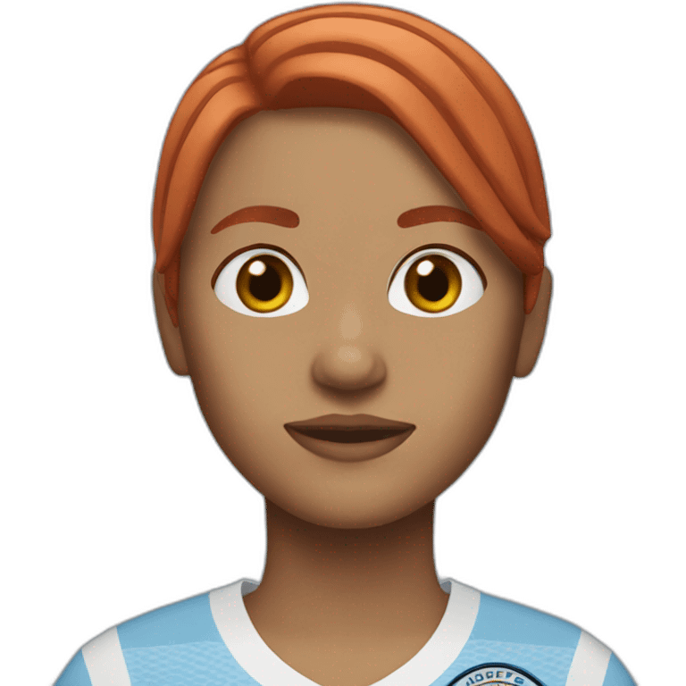 A girl with red bob hair wearing a Manchester City shirt emoji