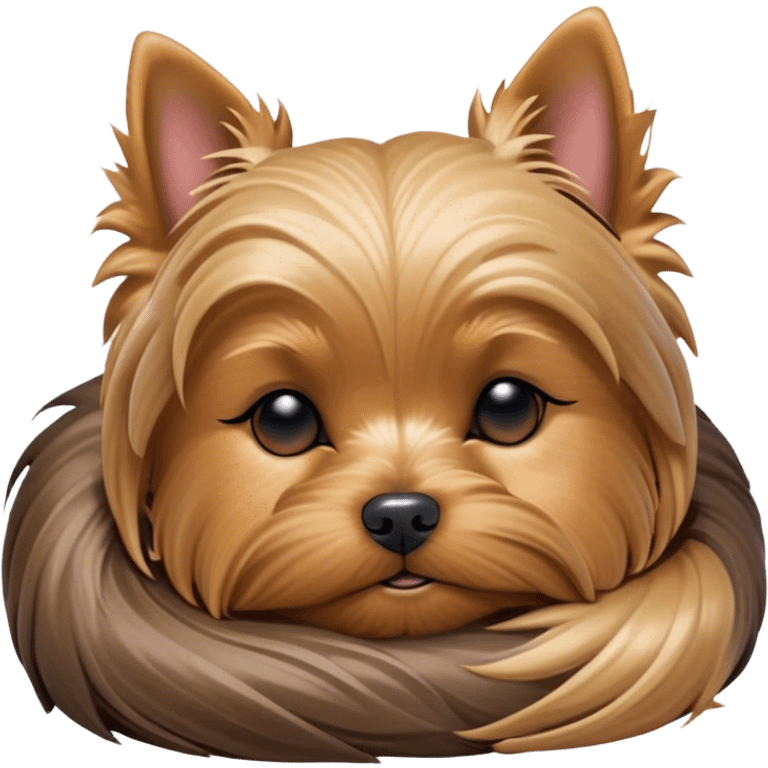 Meme-Worthy Cute Sleeping Yorkshire Terrier Portrait Emoji, Head resting gently with a peaceful, contented expression and softly closed, dreamy eyes, featuring a well-groomed, silky fur in rich hues, simplified yet irresistibly endearing, highly detailed, glowing with a gentle, drowsy radiance, high shine, exuding relaxed, heart-melting charm, styled with a soft glowing outline, capturing the essence of a sleeping Yorkshire Terrier that looks as if it could drift off into a sweet, meme-worthy slumber! emoji