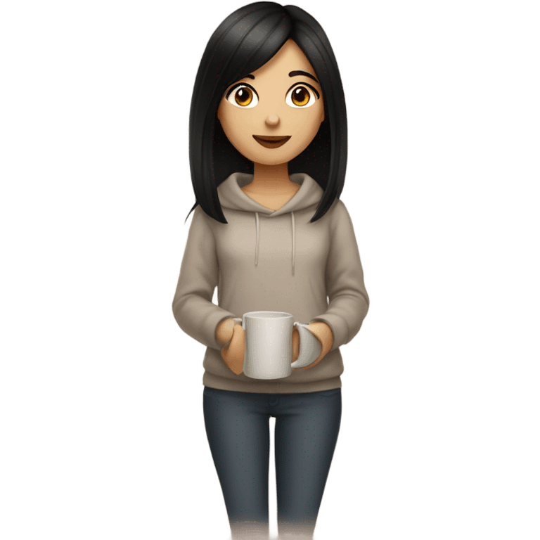 Brunette girl, black straight hair, cozy with tea emoji