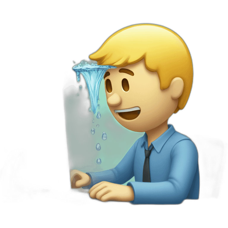 A man working on the computer is dripping with water from overwork emoji