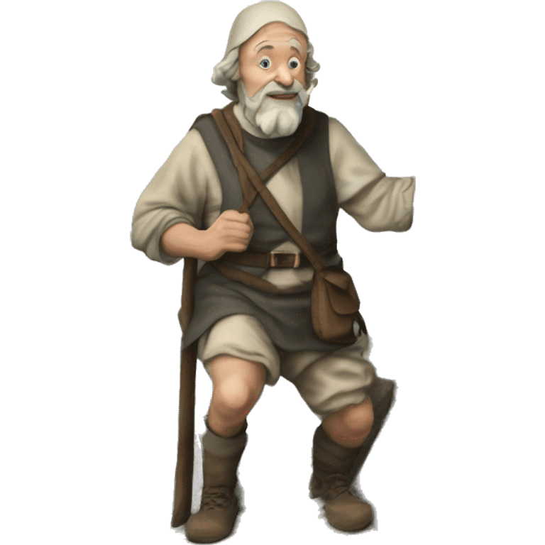 a realistic watercolo style Pilgrim from John Bunyan's Book climbing a mountain next to a cross emoji