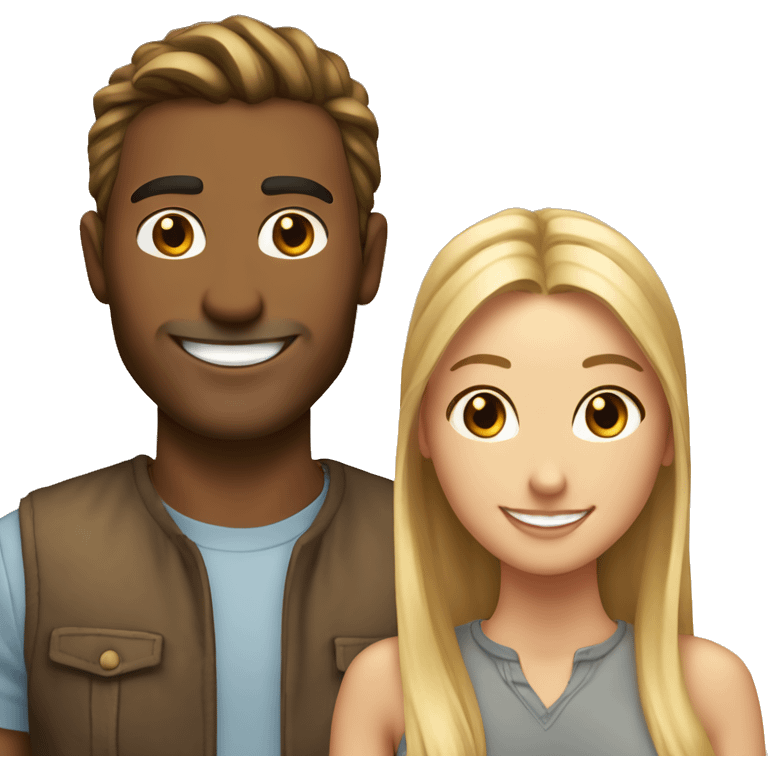 Woman and man smiling, woman has straight Brown hair in a ponytail, slightly sunkissed skin, man has blonde long hair which are in a ponytail, slightly sunkissed skin emoji