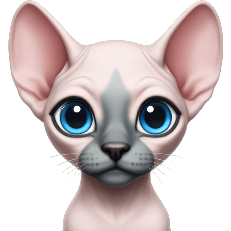 Pink grey canadian sphynx elf cat with blue eyes and black nose emoji