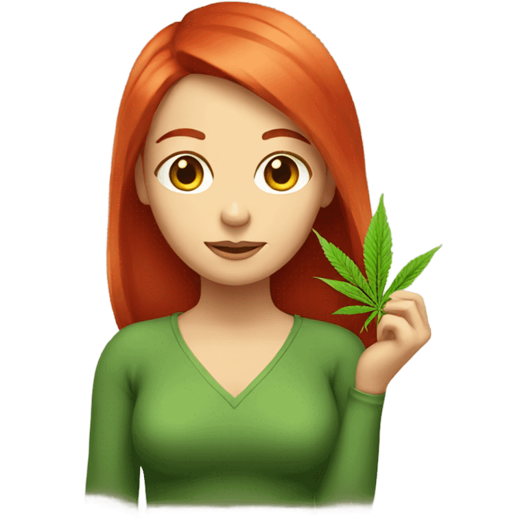 female red hair, sitting, holding marijuana leaf  emoji