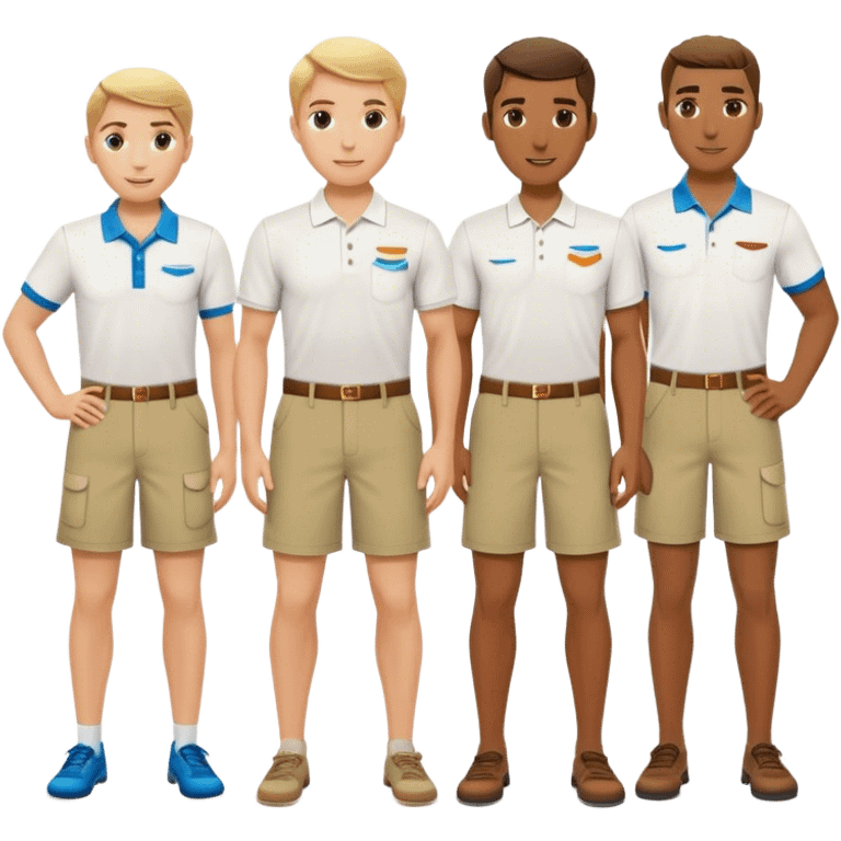 Group of pool attendants. plain white polos, khaki shorts. various races emoji