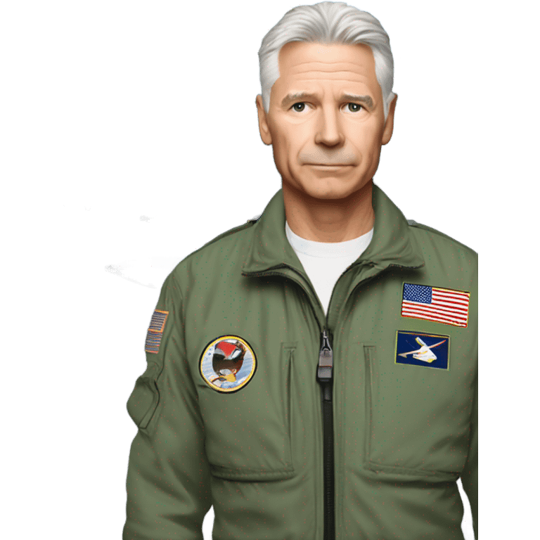 Older white fighter pilot standing beside F-16 emoji