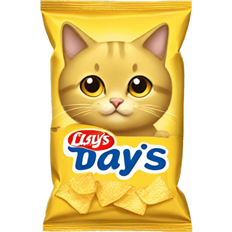 Beige-gray cute cat with big sparkling eyes sitting inside a yellow Lay's chips packet emoji