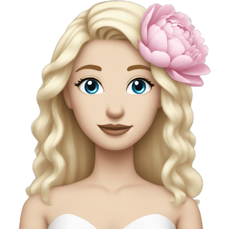 White bride with long light blonde hair and blue eyes with light pink peonies in hair white skin  emoji