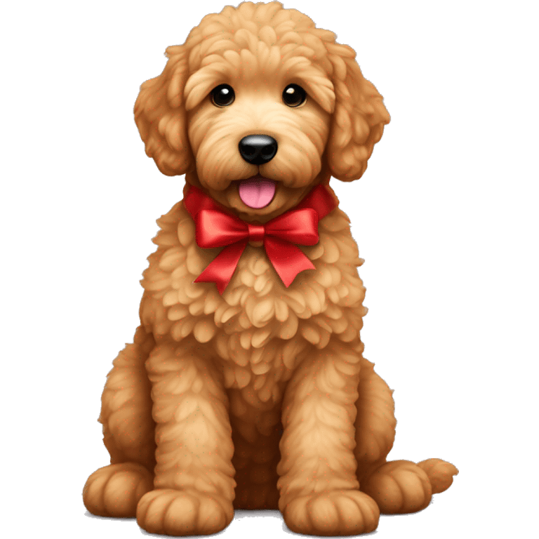 Ginger golden doodle. Baby. Full body sitting down. Red ribbon  emoji