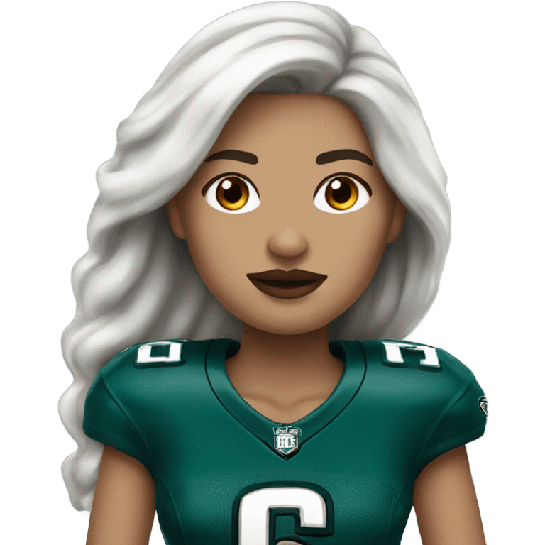 White female long dark hair red lips wearing Philadelphia Eagles jersey emoji