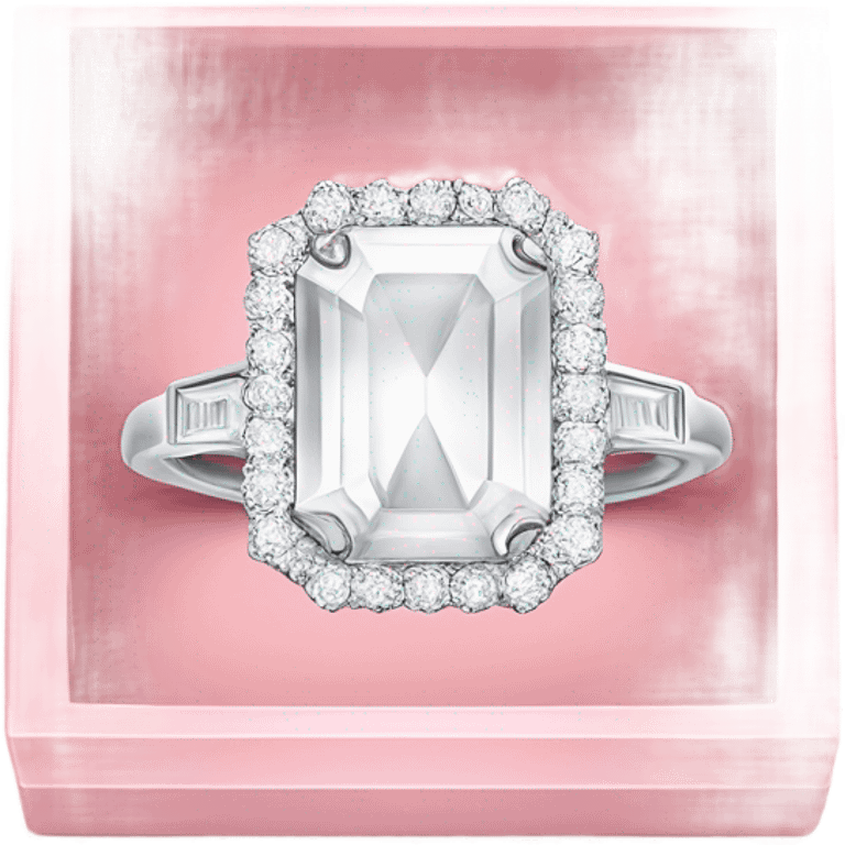 a luxurious all-white diamond ring in a light pink half open box, shown from a side view. Use bold outlines, a glossy finish emoji