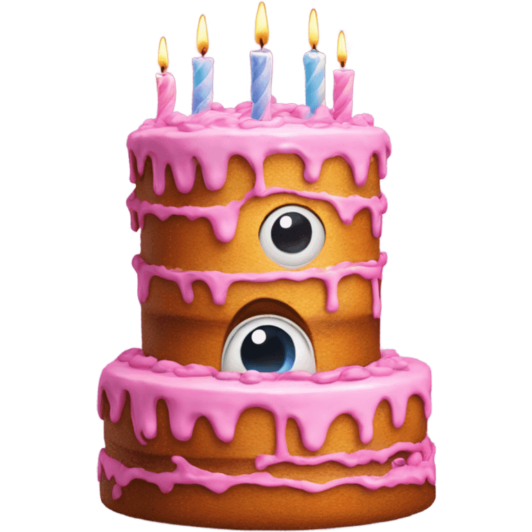 A big cake stacked on top of eachother with 3d eyes and has candles as its legs emoji