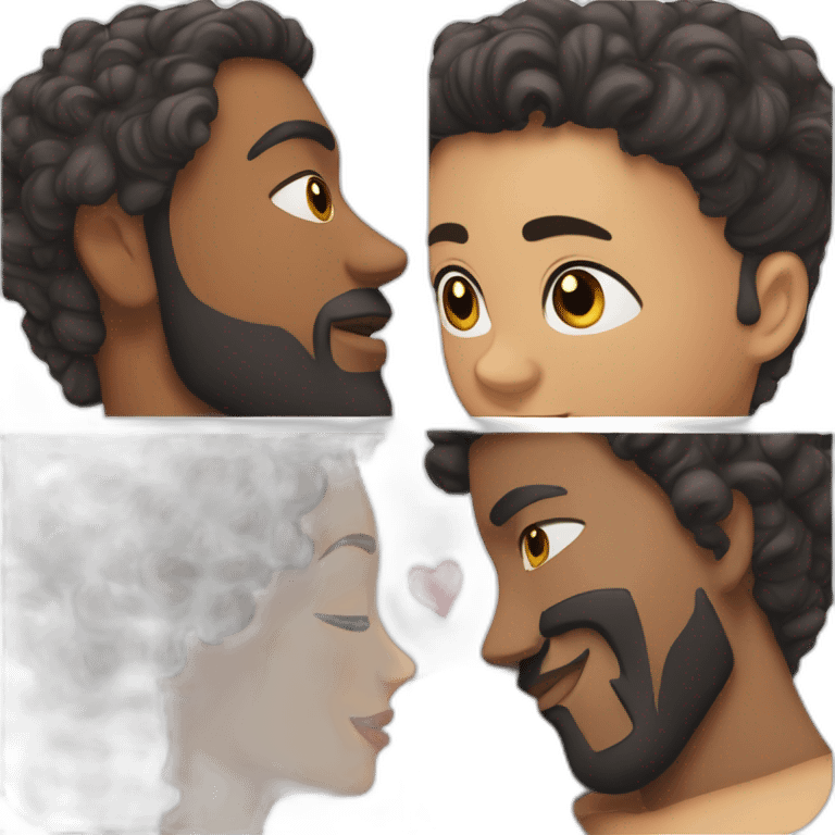 Brown man with a smooth black hair cut fade and a black beard kissing a White woman with long brown curly hair emoji