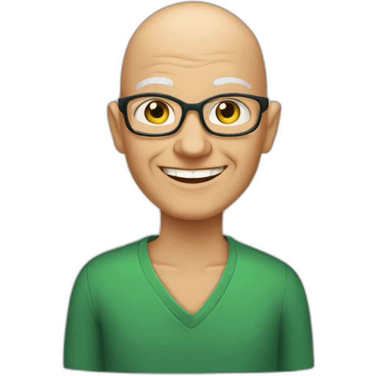 50 year teacher with smiling face and no hair, intelligent strong green eyes, emoji