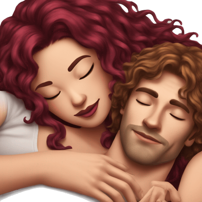 Beautiful tattooed burgundy long haired woman laying on her boyfriends chest emoji