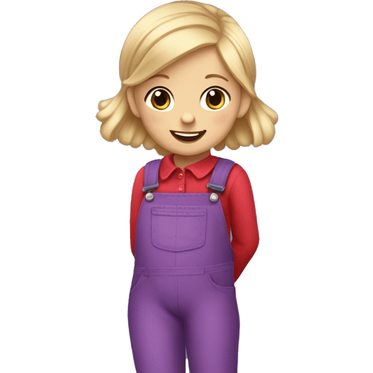 A little blonde girl with pigtails and little purple bows wearing a red long-sleeved shirt and purple overalls with blue tights with green polka dots and purple sneakers. emoji