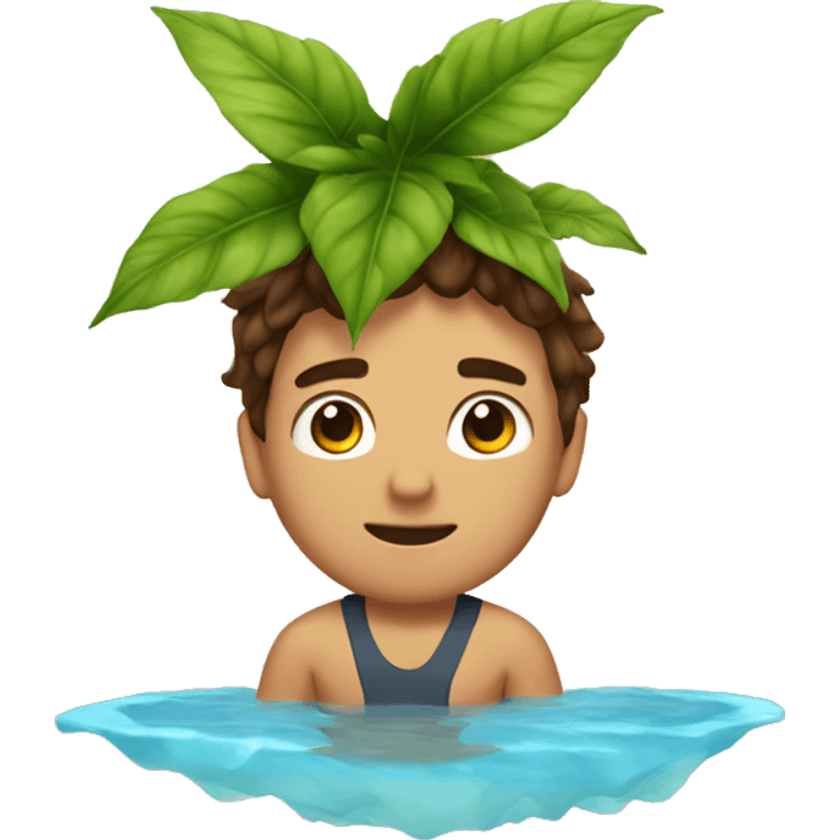 A guy sitting wearing a bathing suit with a large potted plant next to him he has brown hair emoji